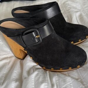 Veronica Beard Black Suede Mules with Gold Accents